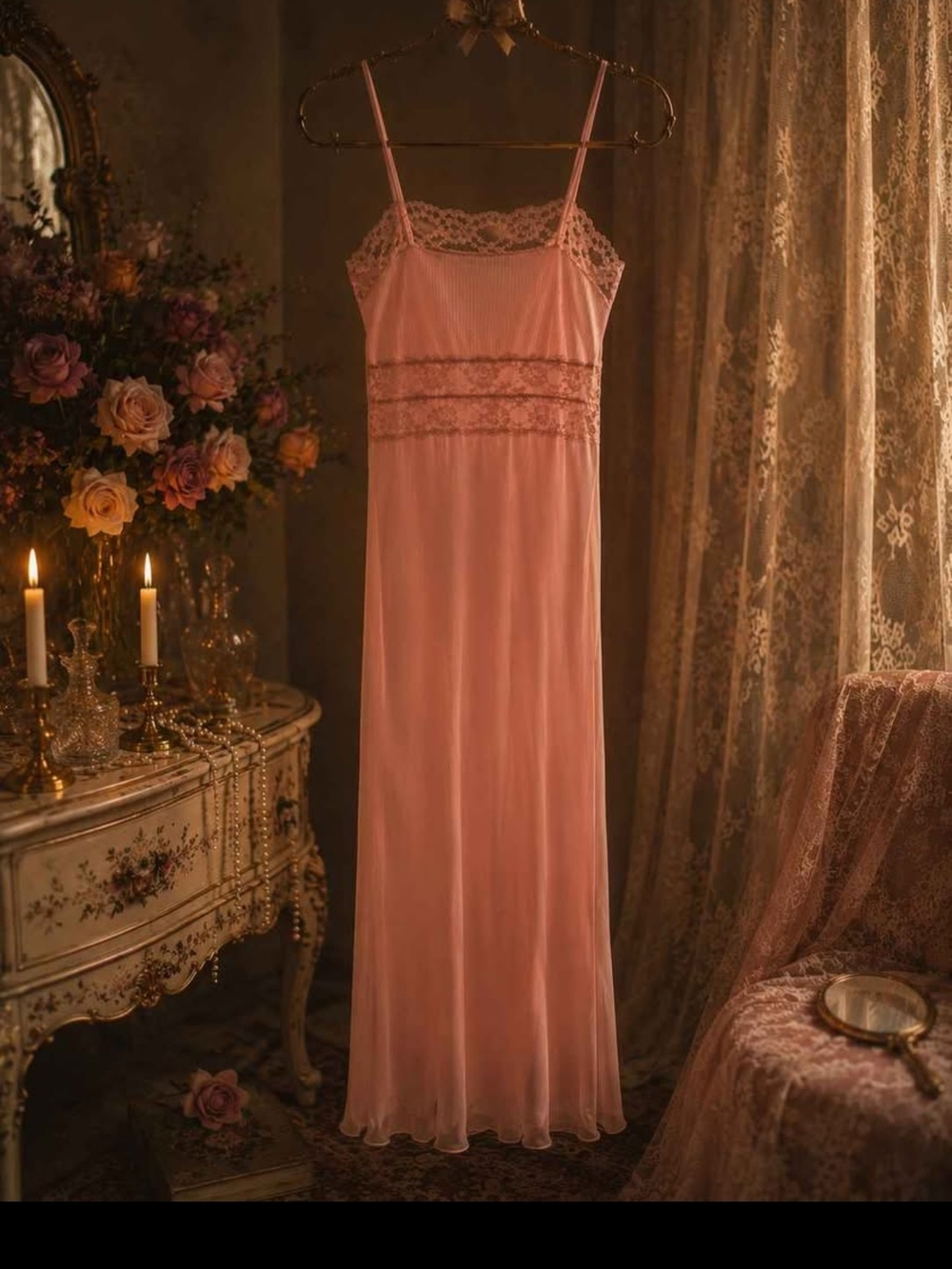 Vintage Silky Lace-Trim Pink Slip Dress